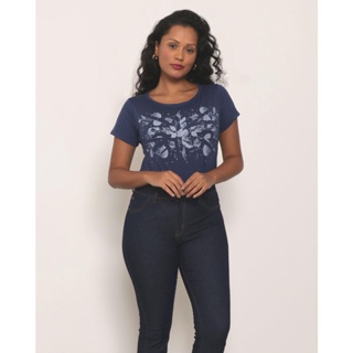Blusa Feminina Mulet Manga Curta Estampada Marinho