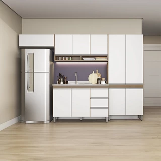 Armário de Cozinha Modulada Compacta Sabrina 280 x 202 Cm 4 Peças MDP Branco MENU