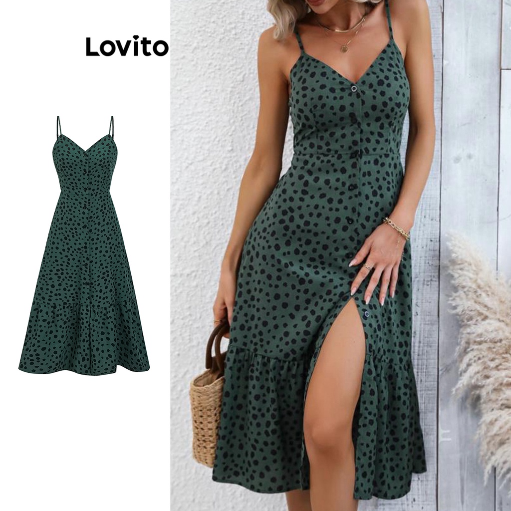 Lovito Vestido Casual Feminino Com Babados Frontais Com Botão De Bolinhas LBE04079 (Verde)