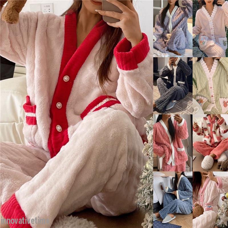 Roupa De Dormir Feminina Kawaii Flanela Conjunto De Pijama Feminino Inverno  Veludo Manga Longa Roupas Quentes Para Casa Anime Pijama Para Jovem  Camisola Gif De $124,7