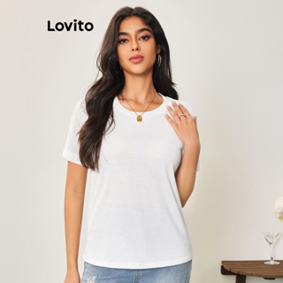 Lovito Casual Camiseta Feminina Lisa com Ilhós Bordados e Costura no Tecido LBA05136 (Branco)