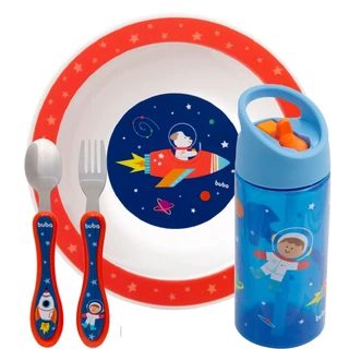 Kit Tigela Bowl Colher Garfo E Garrafinha Aventuras Astronauta Buba
