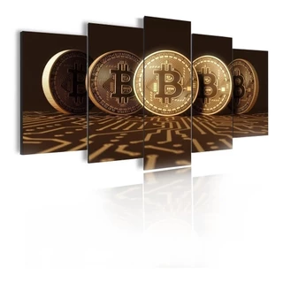 Quadro Mosaico 5 Peças Bitcoin Cripto 115cm X 60cm Mdf