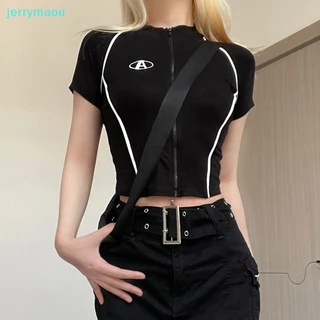 [JER] Summer Street Fashion Women Stand Colarinho De Moda De Rua Manga Curta Camiseta Com Zíper Slim Crop Tops 【 HBC 】