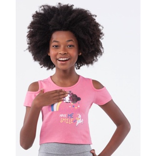 Blusa Infantil Open Shoulder Arco-Íris Paetê Rosa