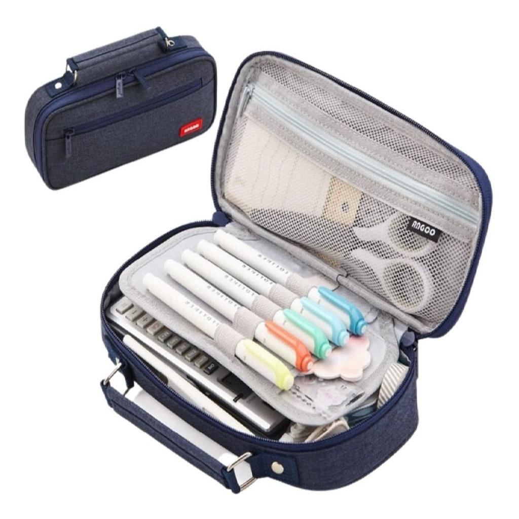 Estojo Azul Escuro Escolar Liso Com Alca 2 Divisórias Interna Necessaire