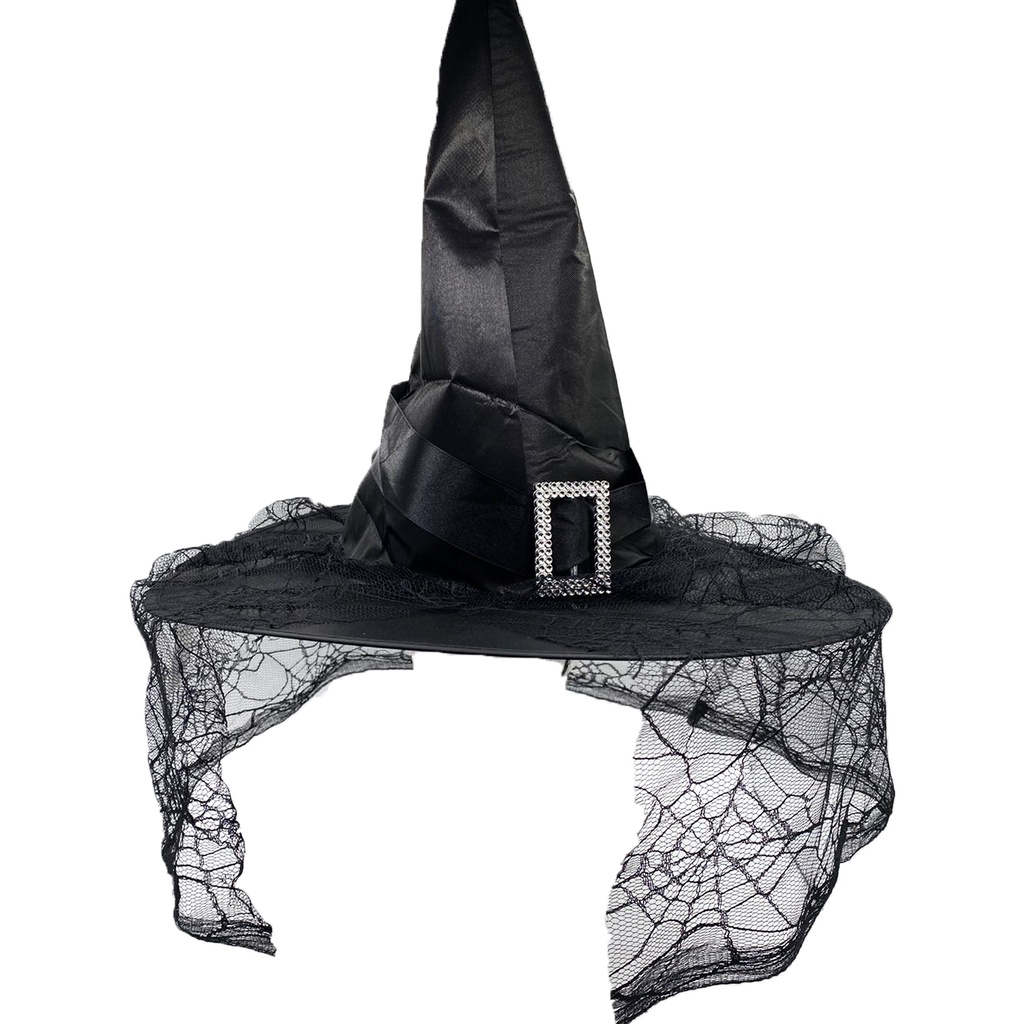 Chapéu De Bruxa Luxo Com Renda e Fivela Preto Halloween