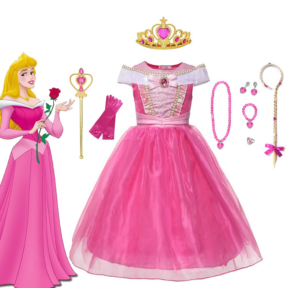 Meninas Dormir Princesa Vestido Aurora Princesa Cosplay Carnaval Pink Party  Dresses Crianças Roupas
