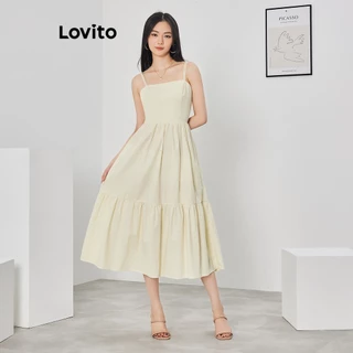 Lovito Casual Liso Vestido Feminino com Bainha Plissada L62ED143 (Off White)