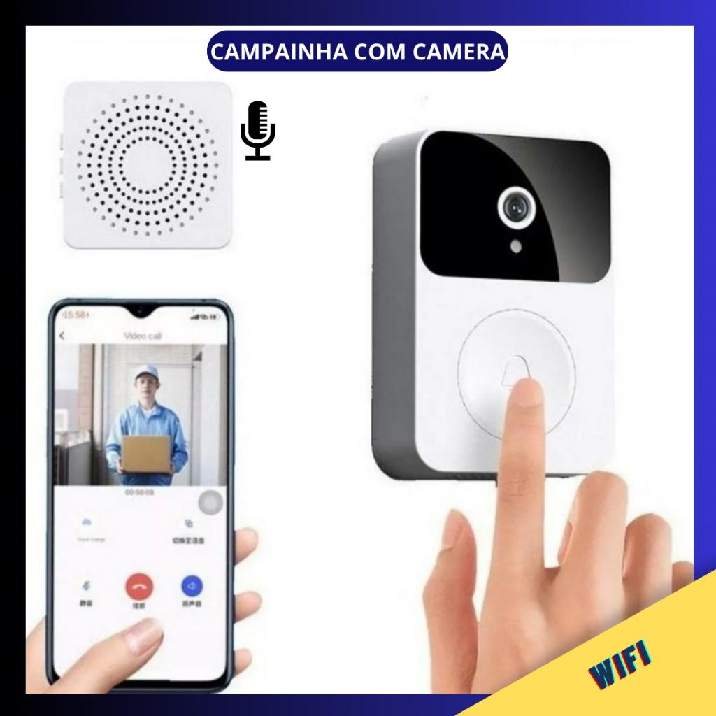 Campainha Com Câmera Vídeo Porteiro Sem Fio Wi-Fi HD Inteligente Smart Home Vê Pelo Celular - Recarregável