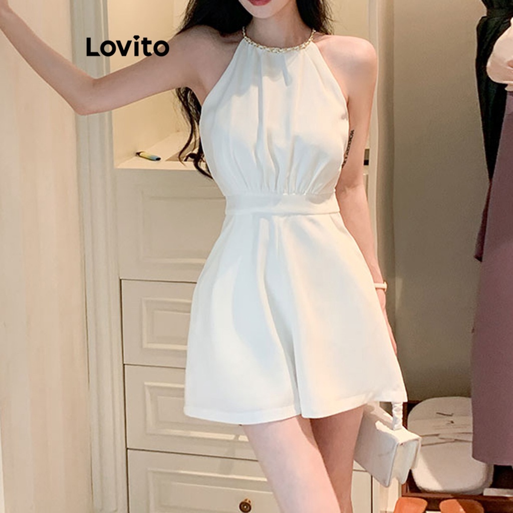 Lovito Elegante Macacão Feminino Liso Básico com Metal LNE30044 (Branco)
