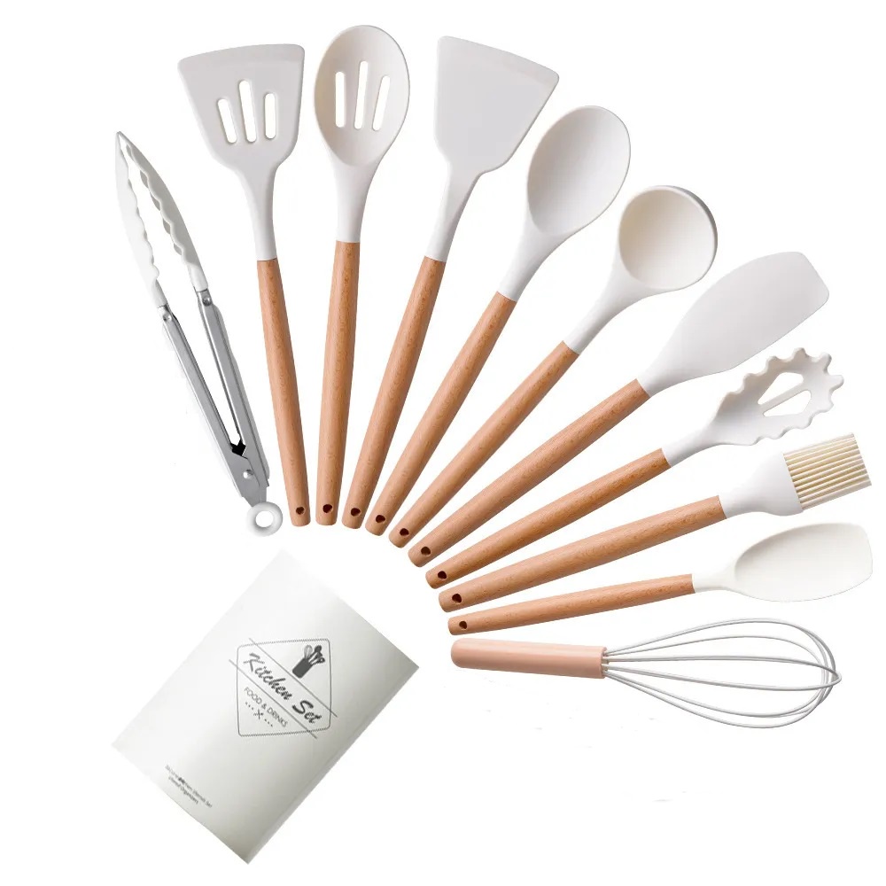 KIT de Utensílios Para Cozinha em Silicone e Bambu 12 Peças