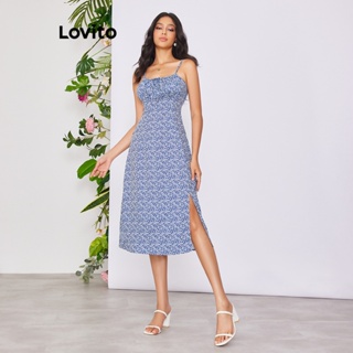 Lovito Vestido de Renda Ditsy Floral com Amarração e Fenda para Mulheres LBE02034 (Azul Escuro)