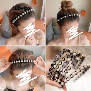 Lovito Elegante Floral Pérolas Corte Padrão Quatro Folhas Trevo Coelho Dourado Bordas O Organizador De Cabelo Ondulado Bandana Para Mulher LFA10122