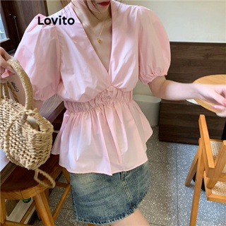 Lovito Blusa Casual Simples Franzida Com Cintura Na Cintura Para Mulheres LNE42139