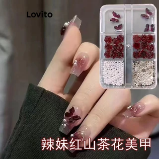 Lovito Beleza 6 Peças Unhas Postiças Femininas com Strass Camélia Borboleta Rosa LBT01051