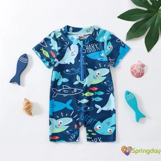 Crianças Meninos Verão Maiô Tubarão Impresso Manga Curta Zíper Macacão Roupa De Banho