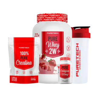 Kit Whey Pure 2W 900g + Creatina 100% Pura 500g + Colágeno 120Caps + Coqueteleira PURETECH em Oferta na Shopee