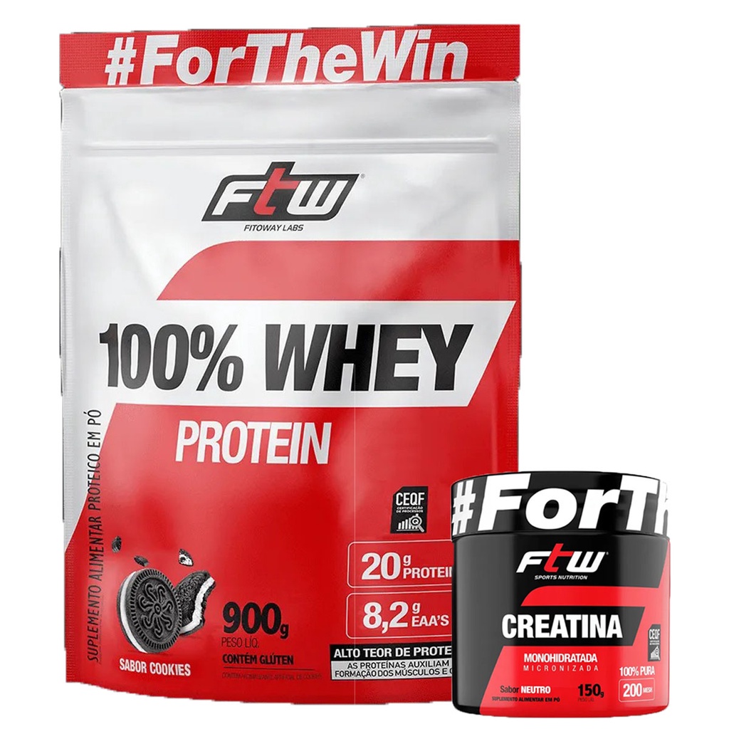 Kit 100% Whey Protein Refil 900g + Creatina Monohidratada 100% Pura Pote 150g - FTW