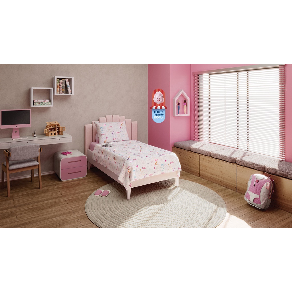 Jogo Cama Menina Barbie 100% Algodão 3 Peças 150 Fios Mattel