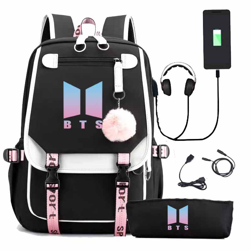 Nova mochila estilo BTS da Liga Jovem Mochila do mesmo estilo USB Carregamento da mochila escolar Conjunto de estojo de lápis