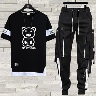Calça De Carga Masculina Estilo Hip Hop Joggers + Conjunto De Homens Com Camiseta Casual Manga Curta