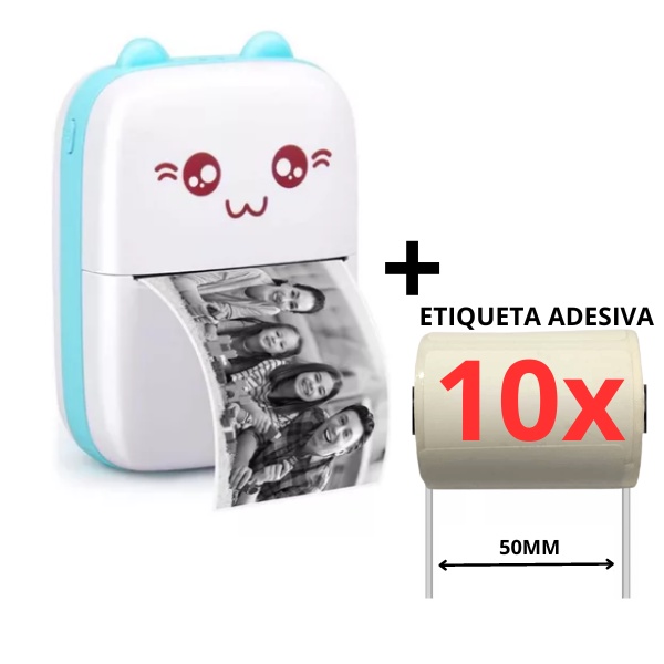 Mini impressora bluetooth foto gato + 10 rolos de etiqueta