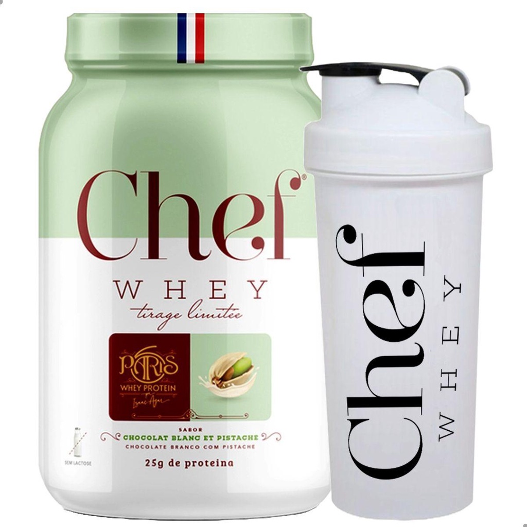 Kit Chef Whey Protein Zero Lactose Choco Branco 800g Paris 6 + Coqueteleira Chef Whey