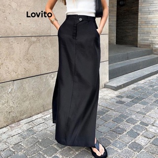 Lovito Saia Casual De Botão Liso Para Mulheres LNE31111 (Preto)