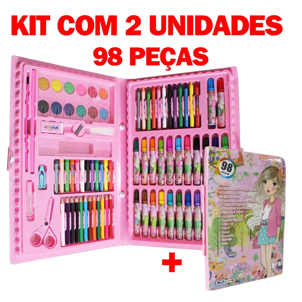 Kit C/ 2 Estojos Maleta De Pintura 98 Peças Infantil Canetinhas Giz Lápis Cores