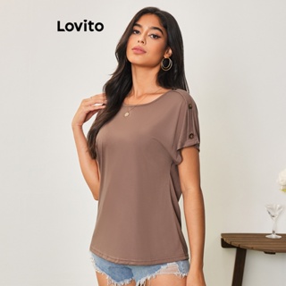 Lovito Casual Camiseta Feminina Lisa com Botão LBA05126 (Marrom)