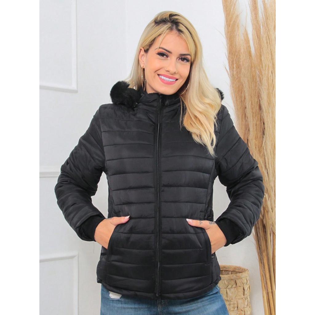 Jaqueta Puffer Feminina Preta em Nylon com Capuz - Compre Agora