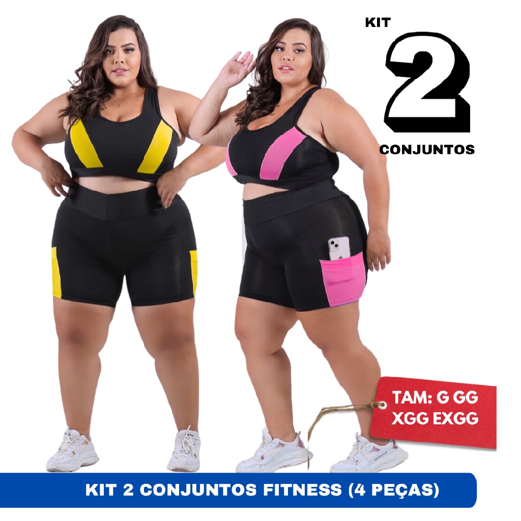 Short Legging Feminino Fitness Plus Size Liso Treino Kit 2 - Preto+Roxo