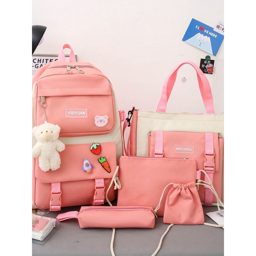 Kit Mochila 5 Peças Conjunto Bolsas Feminina Estojo Escolar Com Chaveiro Urso