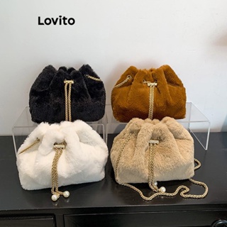 Lovito Bolsa Balde De Pelúcia Com Corrente De Pérolas Lisas E Fofas Bolsa De Ombro Pequena De Alta Capacidade Para Mulheres LFA11576
