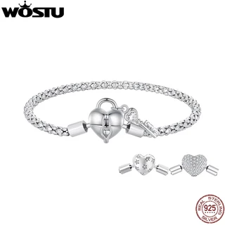 WOSTU 925 Sterling Silver Heart Buckle Bracelet Pulseira De Prata Com Fivela Aberta Chave De Fechadura Para Jóias Femininas