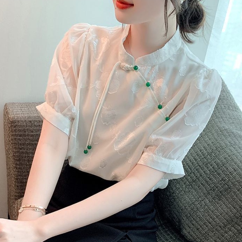 Blusa Vintage Mulher Estilo Chinês Camisa Branca Elegante De Verão