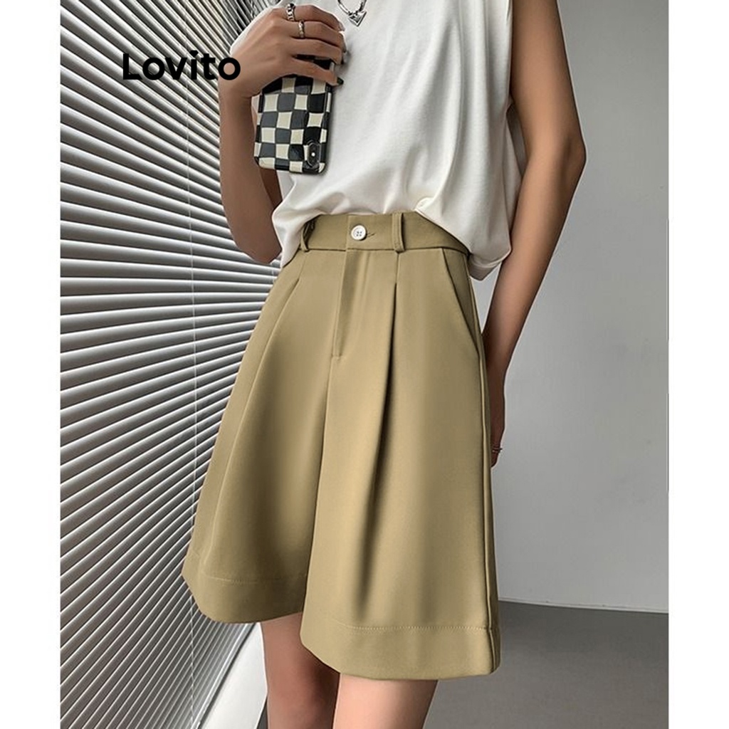 Lovito Shorts Básicos Casuais Simples Drapeados Para Mulheres LNE16153 (Caqui)