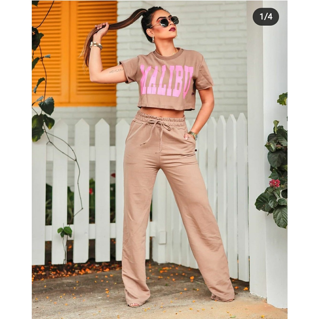 Calça Moletinho Pantalona Wide Leg Cintura Alta Feminina Roupa