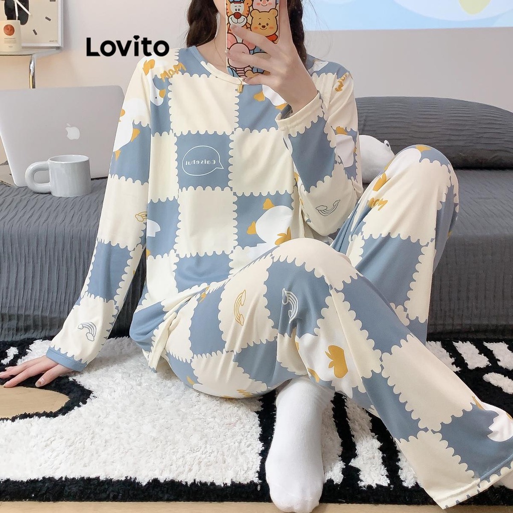 Lovito Conjuntos De Pijama Casual Gingham Colorblock Para Mulheres LNA38135 (Azul Claro)