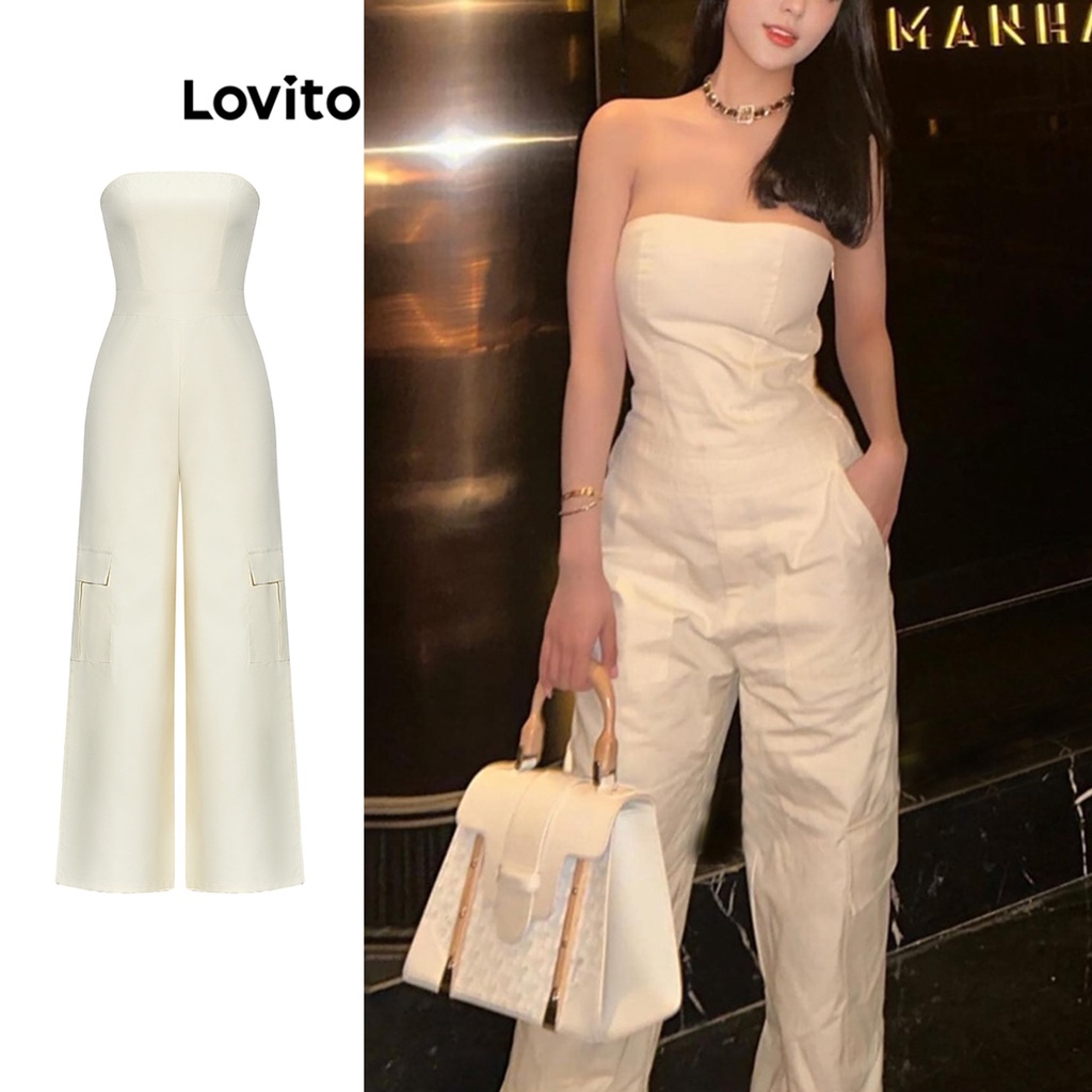 Lovito Macacão com Bolsos Lisa e Casual para Mulheres L55AD070 (Off White)