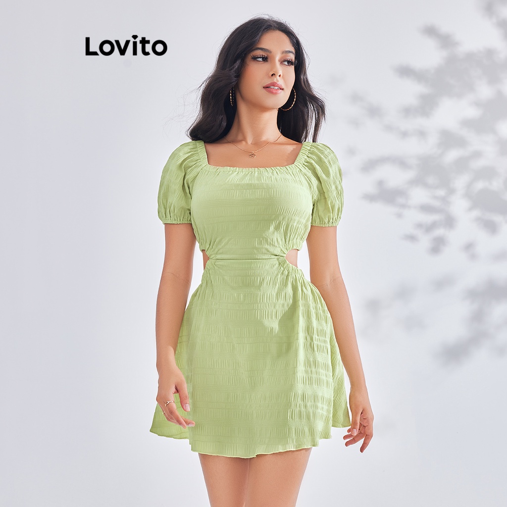 Lovito Vestido Casual De Manga Bufante Com Corte Liso E Franzido Para Mulheres LBE03138 (Verde)