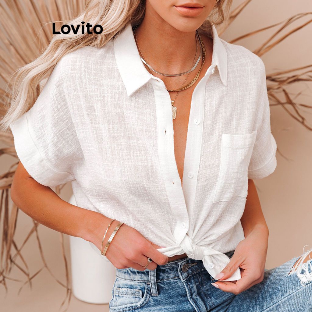 Lovito Casual Blusa Feminina Lisa Com Bot O E Bolso Lne Branco