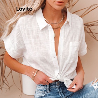 Lovito Blusa Casual De Bolso Com Botão Liso Para Mulheres LNE31134 (Branco)