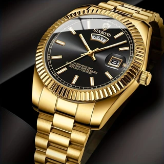 BINBOND Novo Relógio Masculino De Aço Inoxidável Pulseira À Prova D'água Clássico casual Calendário Duplo Simples Luminosa