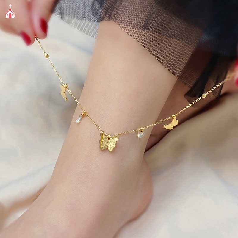 Aço Inoxidável Folheado A Ouro Não Desbotado Borboleta Coreana Doce Gelo Butterfly Anklet Para Mulheres Acessórios Pés De Menina À Prova D'água OY