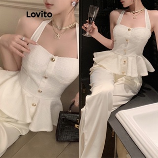 Lovito Conjunto Casual De Calças De Ombro Frio Com Botão Liso Frontal Para Mulheres LNA40046