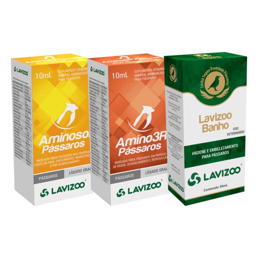 Kit 01 Aminosol Pássaros 10ml + 01 Amino 3r Pássaros 10ml + 01 Lavizoo ...