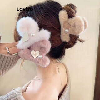 Lovito Grampos De Cabelo De Pelúcia Com Pérolas Em Formato De Coração Casual Para Mulheres LFA11323