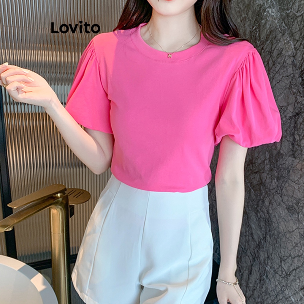 Lovito Casual Camiseta Feminina Lisa De Manga Bufante Lnl Shopee